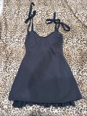 Black Tie-Strap Mini Dress with Ruffle Hem